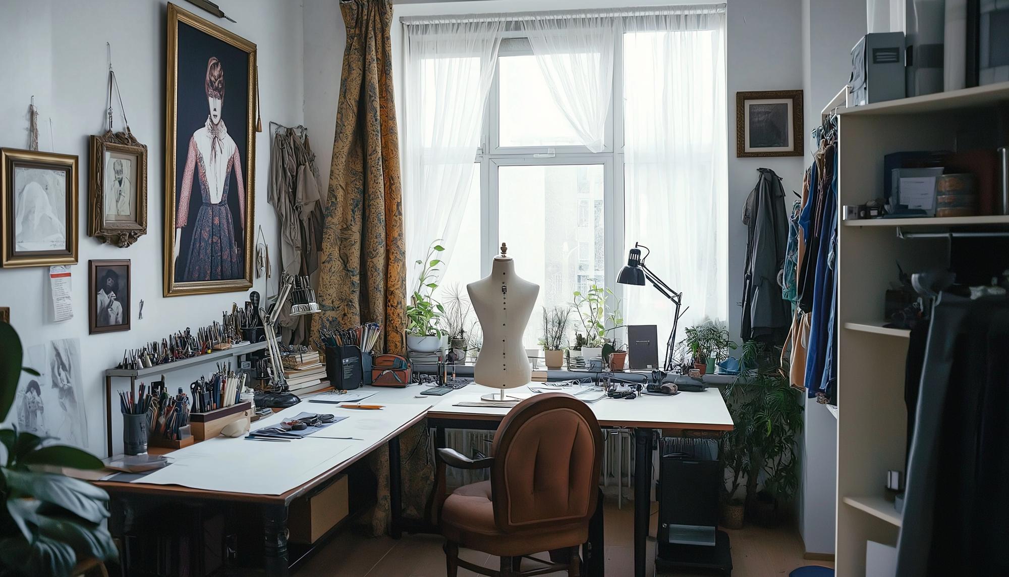 Wnętrze atelier z narzędziami do haftu